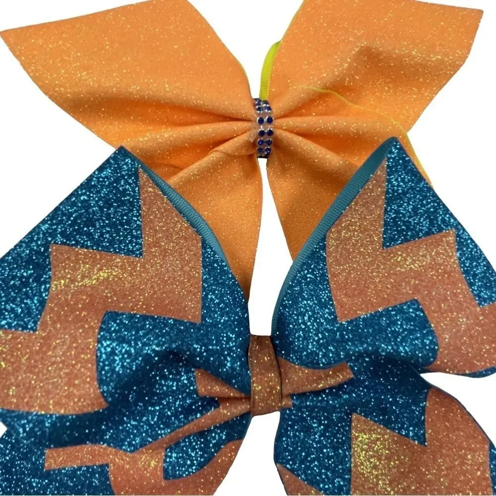 Cheer Hair Bows Set of 2 Elastic Band Orange and Blue Girl's Size Large